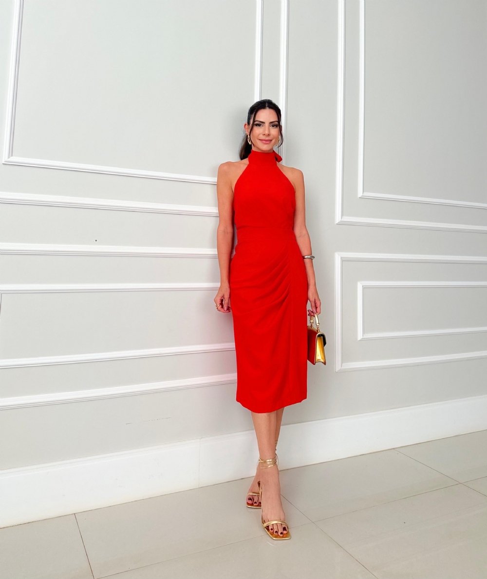 Diane - Elegant Midi Dress with High Neck and Open Back