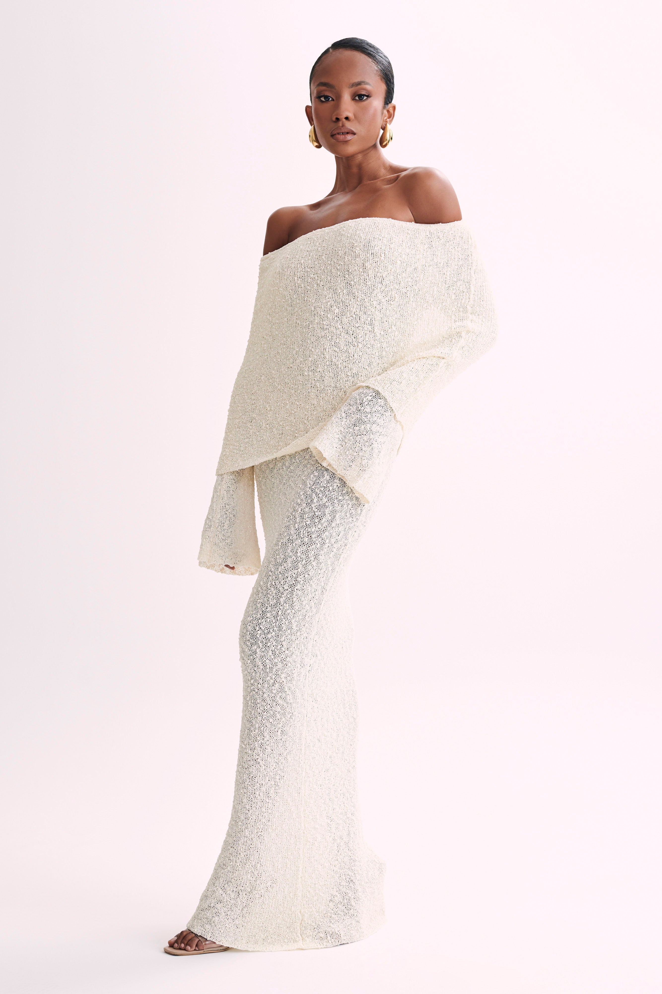 Marisol - Long Textured Dress with Off-Shoulder Design