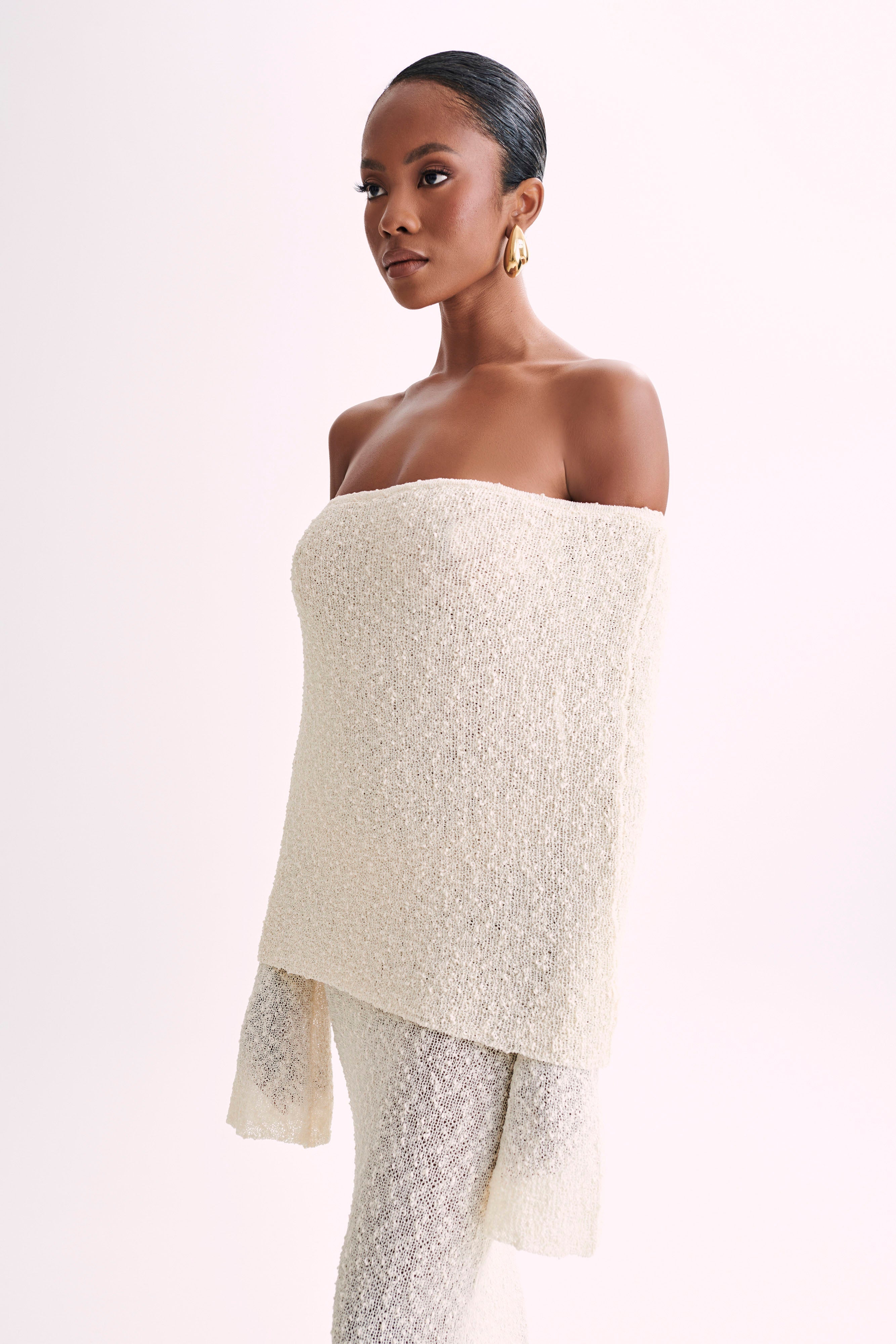 Marisol - Long Textured Dress with Off-Shoulder Design