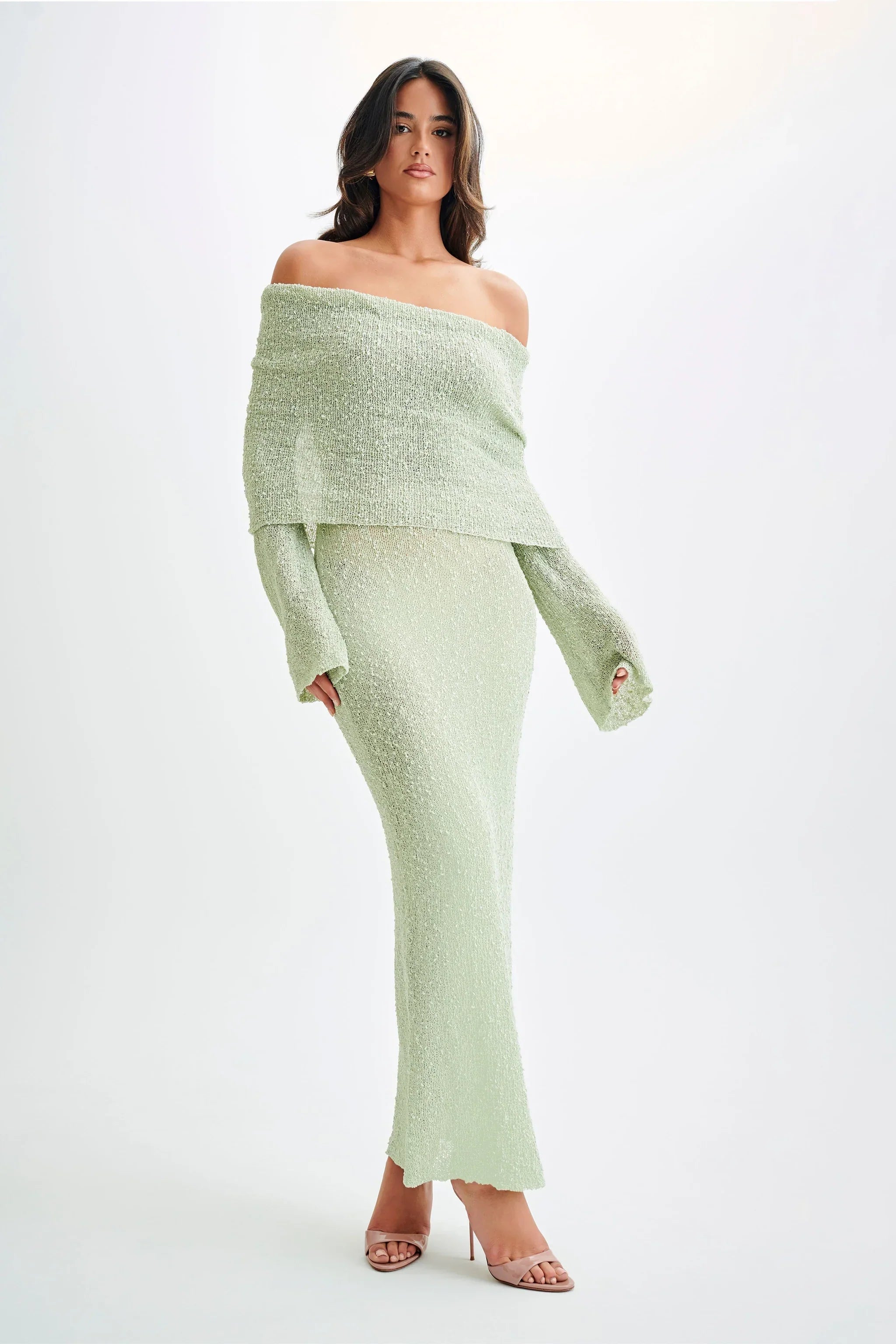 Marisol - Long Textured Dress with Off-Shoulder Design