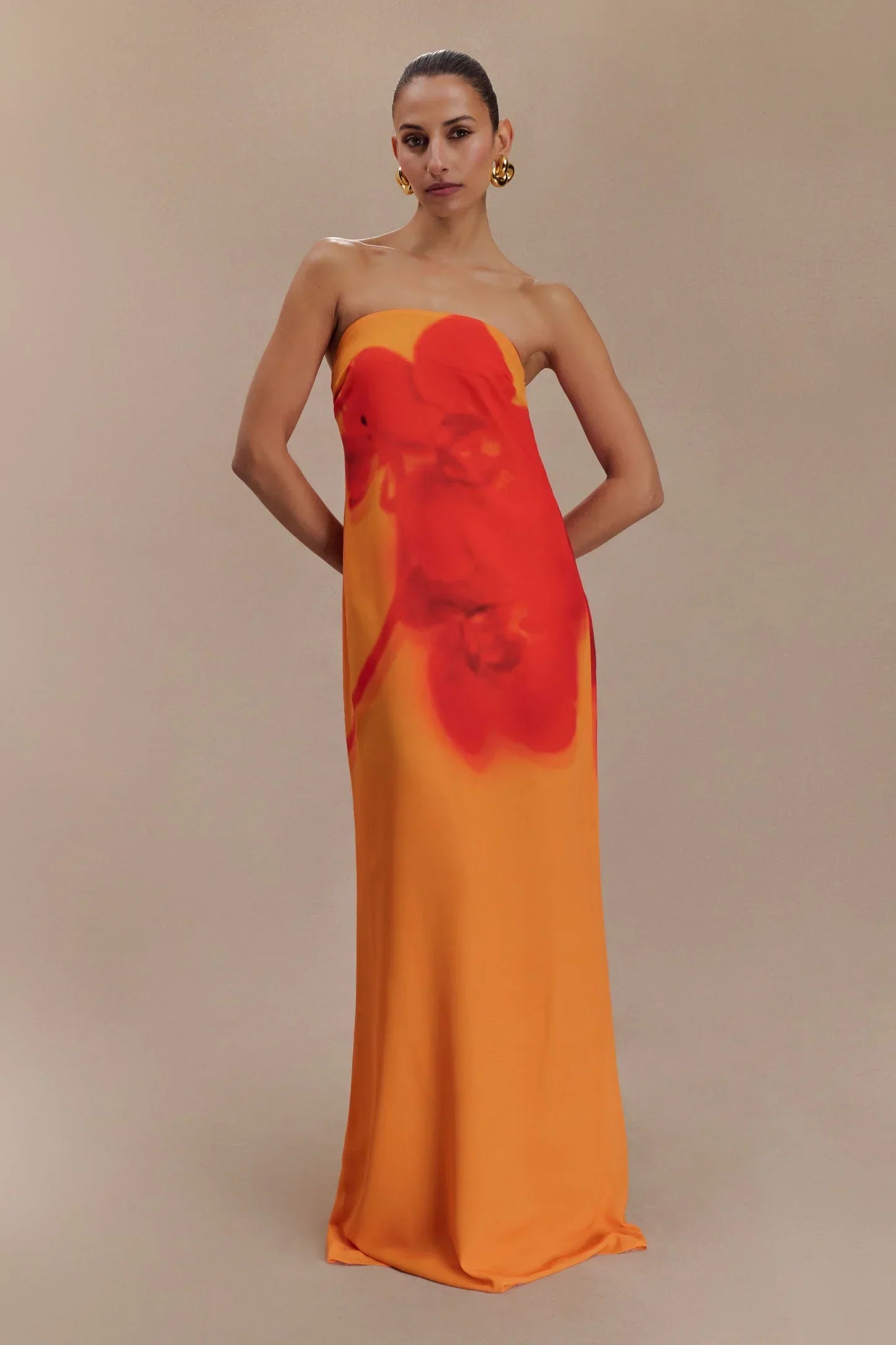 Amaya – Ivory and Koi Orchid Print Strapless Chiffon Maxi Dress