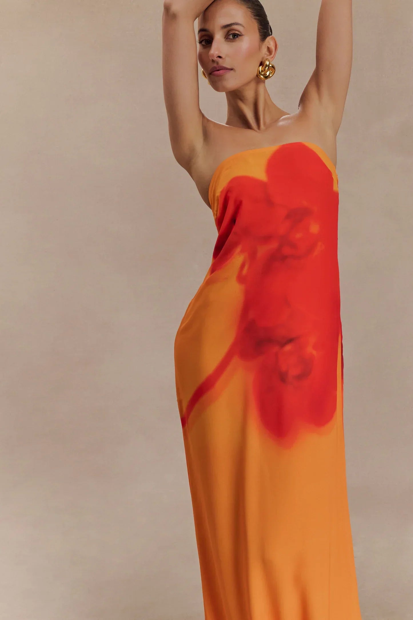 Amaya – Ivory and Koi Orchid Print Strapless Chiffon Maxi Dress