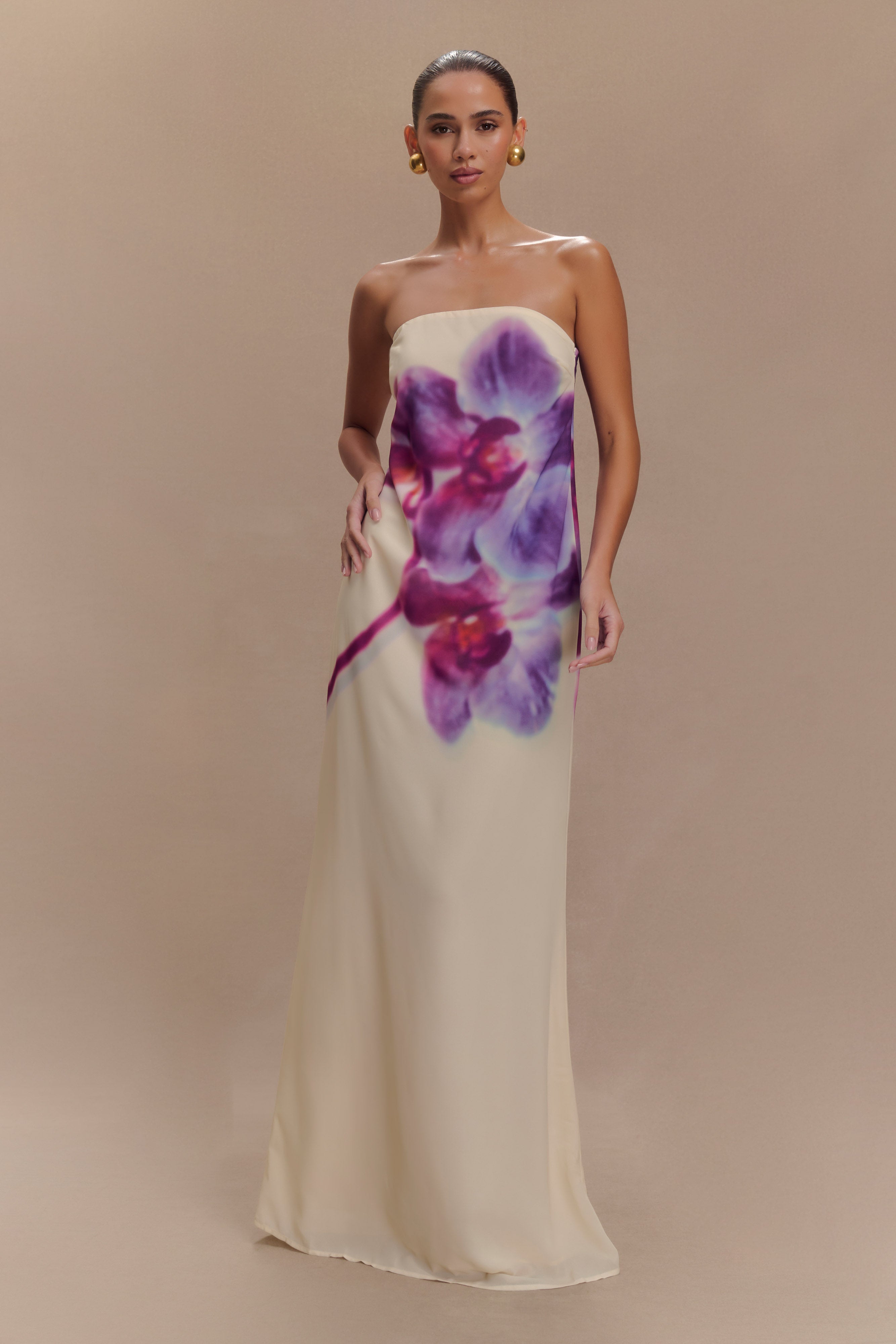 Amaya – Ivory and Koi Orchid Print Strapless Chiffon Maxi Dress