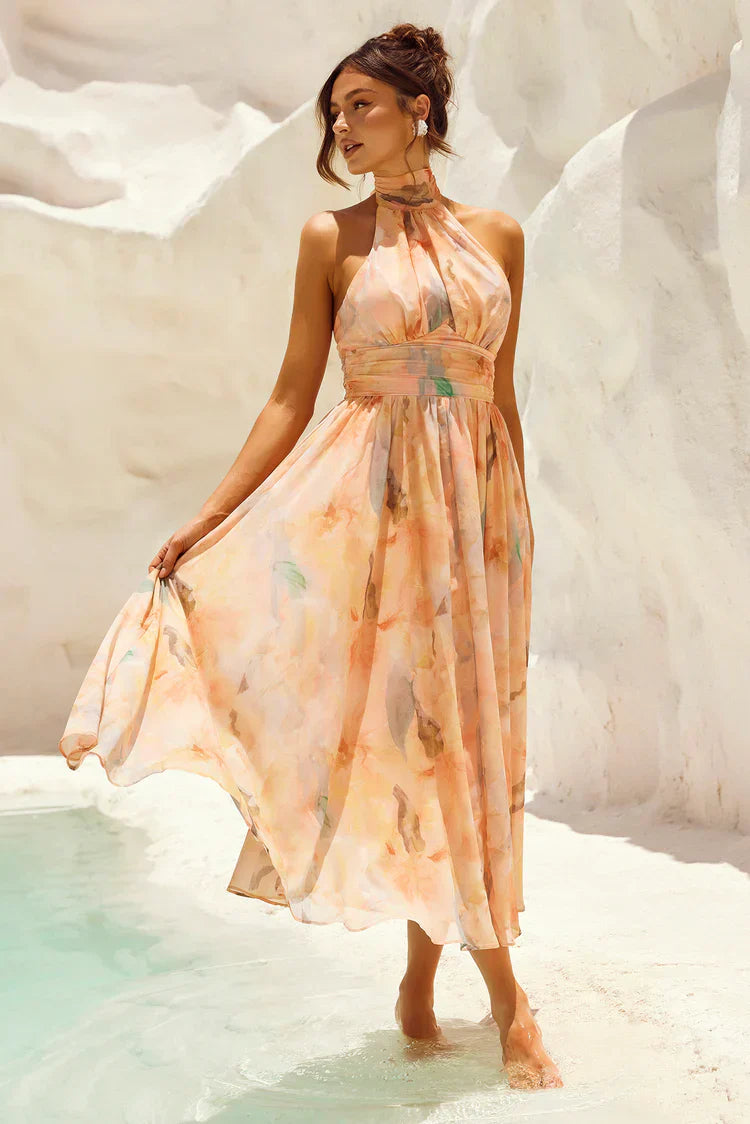 Livia - Backless Dress with Watercolor Print Halter Neck