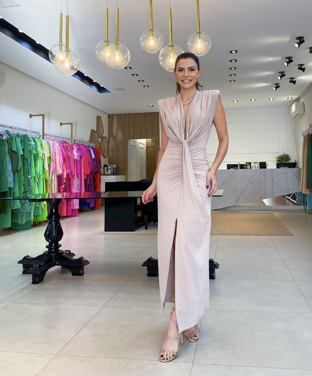 Vivian - Draped Split Dress with Deep Neckline