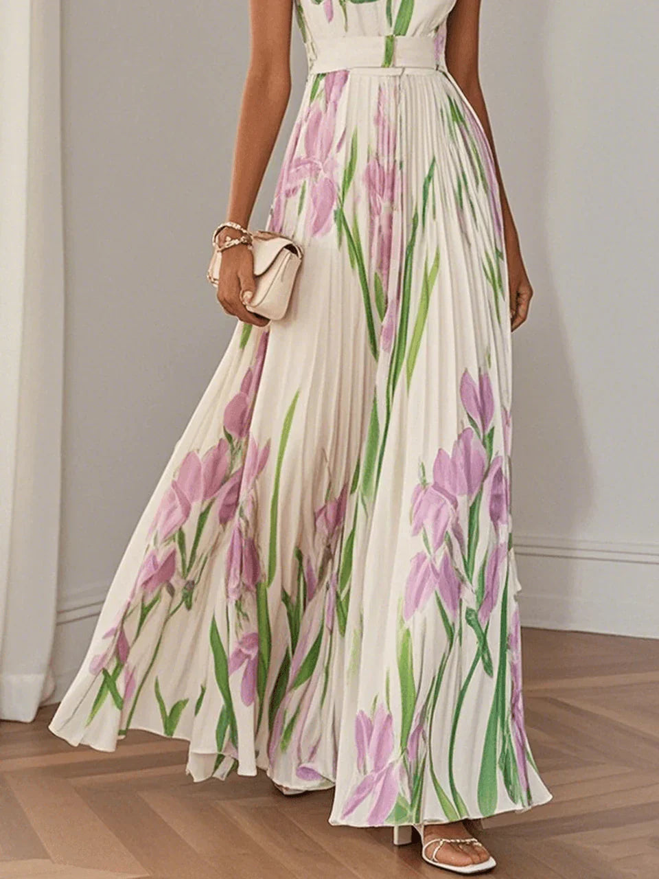 Nancy – Long Pleated Floral Dress with Refined Style for Women