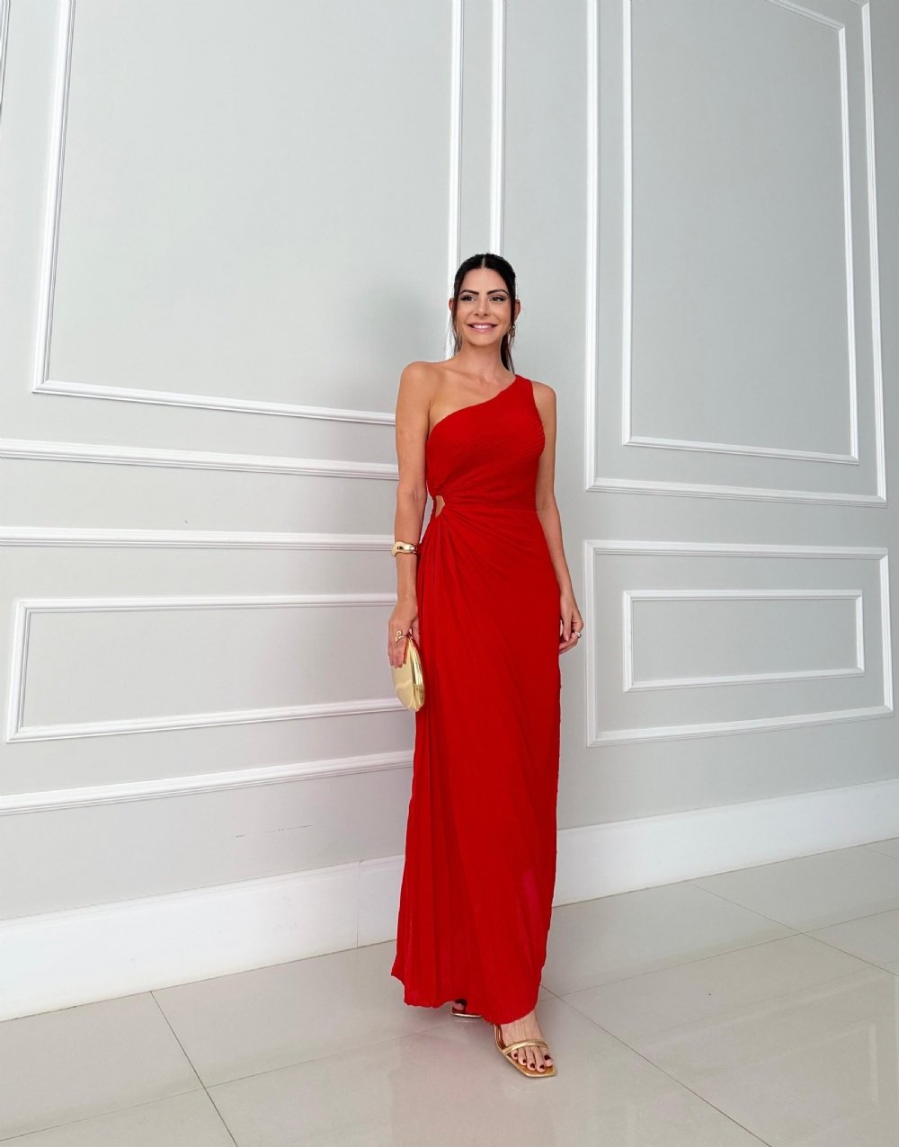 Fanny - Asymmetrical Pleated Long Dress with Cutout