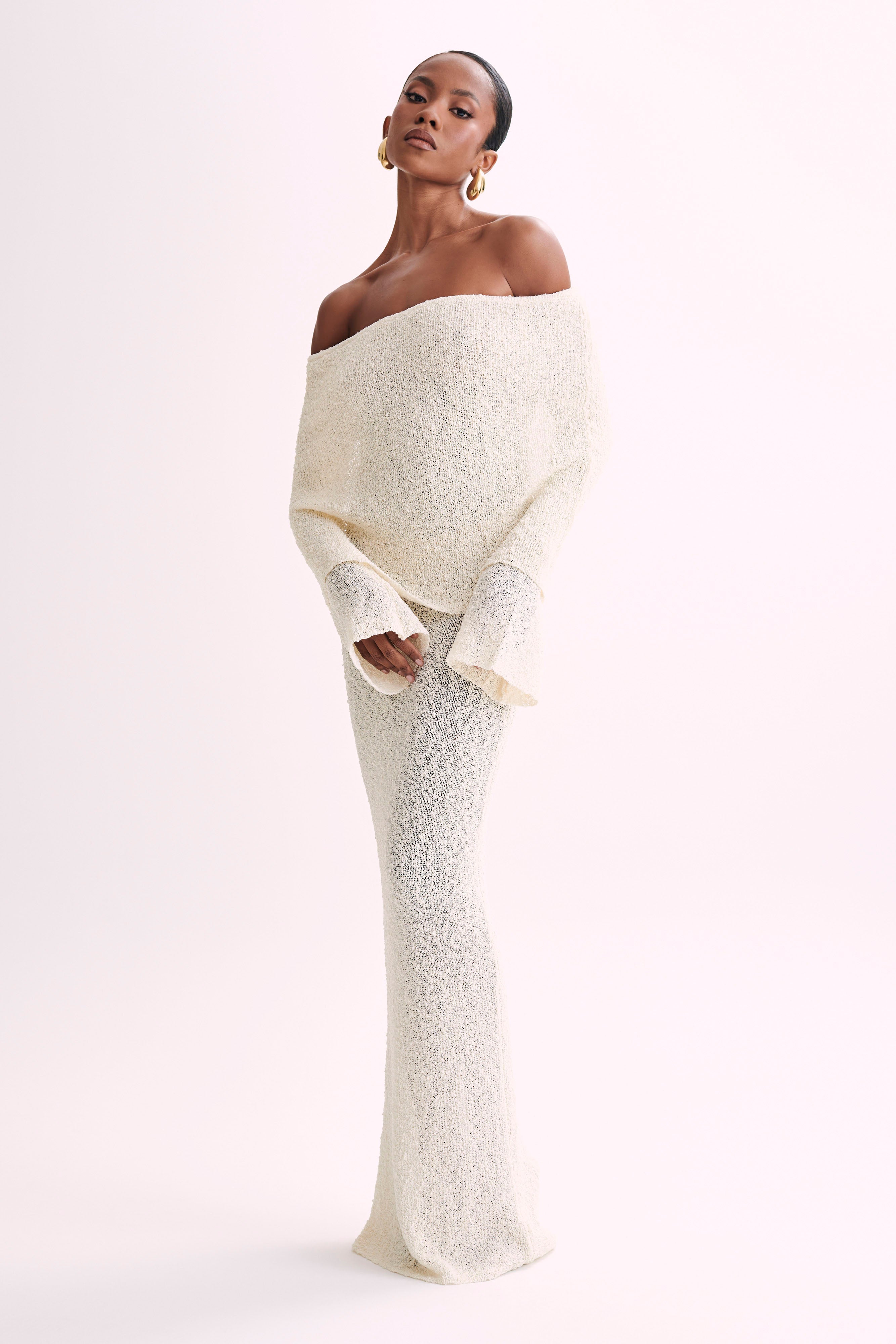 Marisol - Long Textured Dress with Off-Shoulder Design