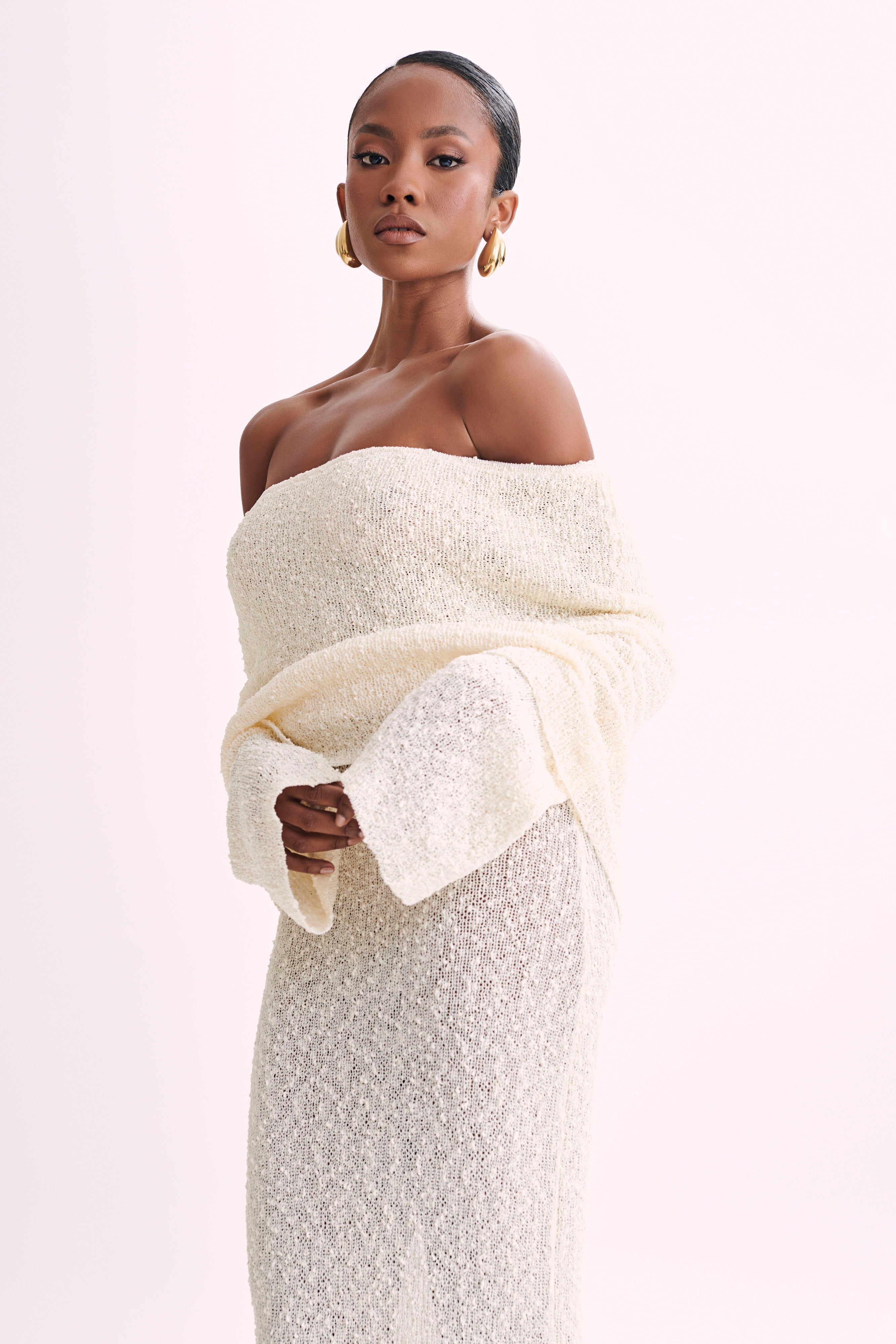 Marisol - Long Textured Dress with Off-Shoulder Design