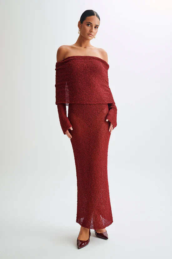 Marisol - Long Textured Dress with Off-Shoulder Design