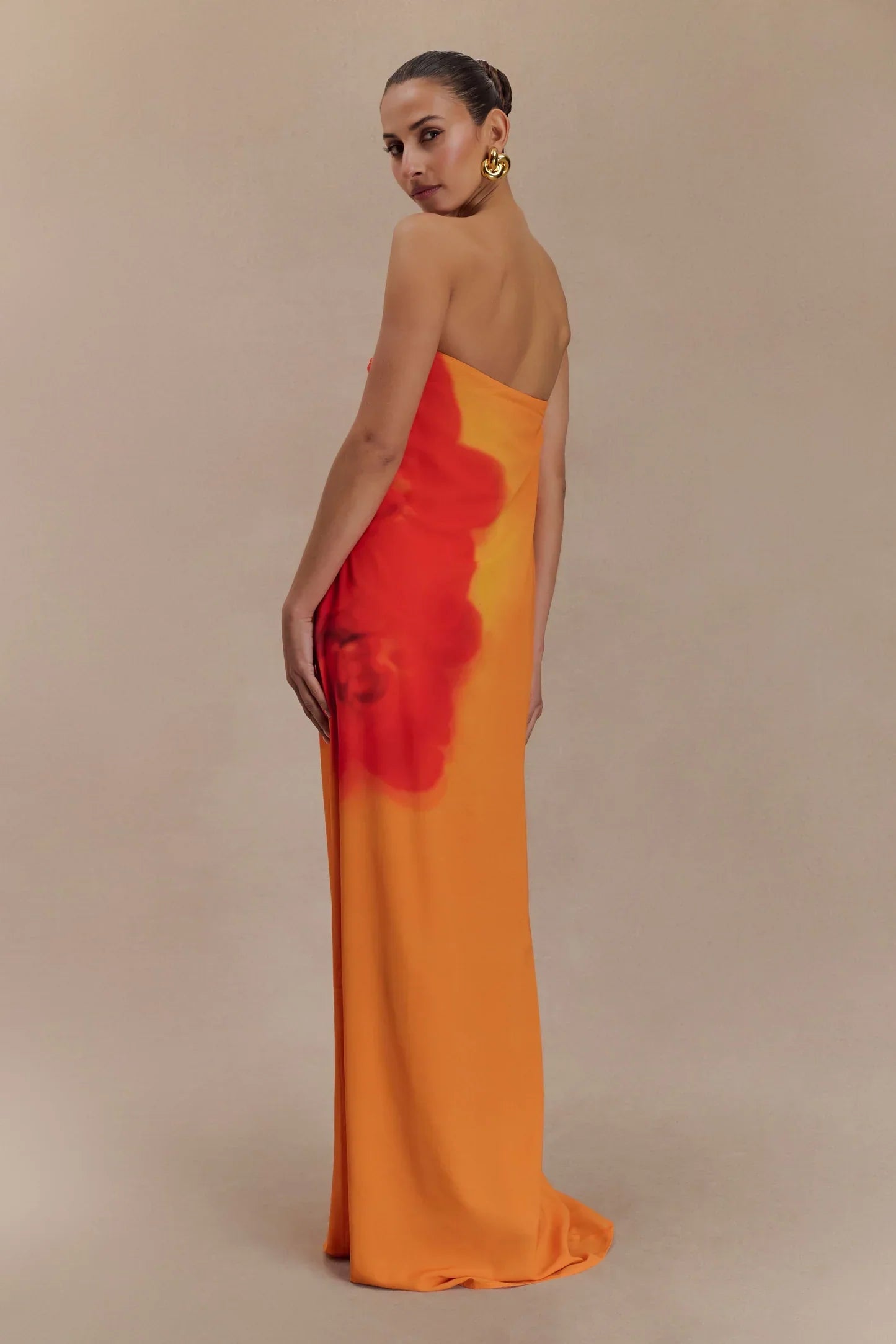 Amaya – Ivory and Koi Orchid Print Strapless Chiffon Maxi Dress