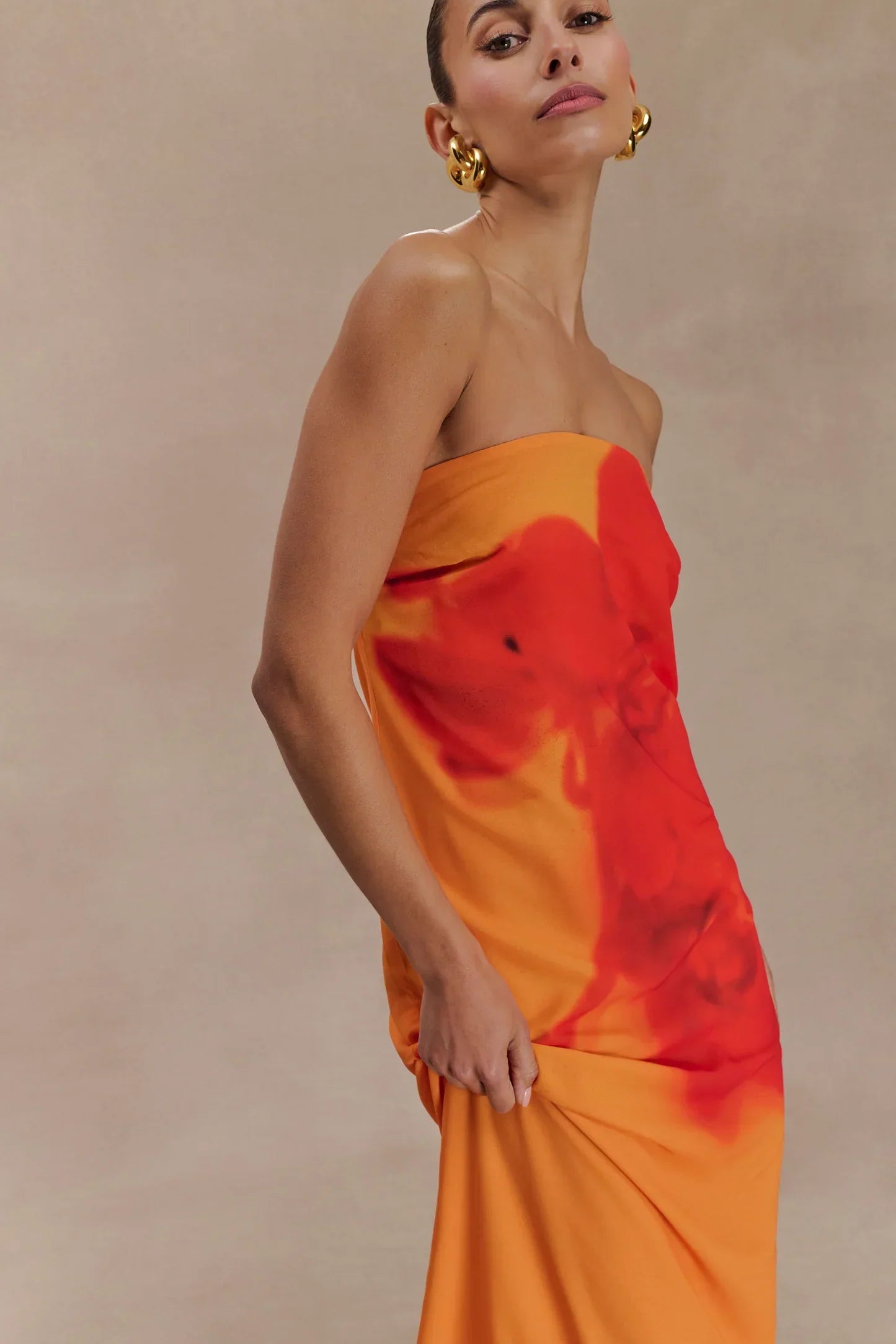 Amaya – Ivory and Koi Orchid Print Strapless Chiffon Maxi Dress