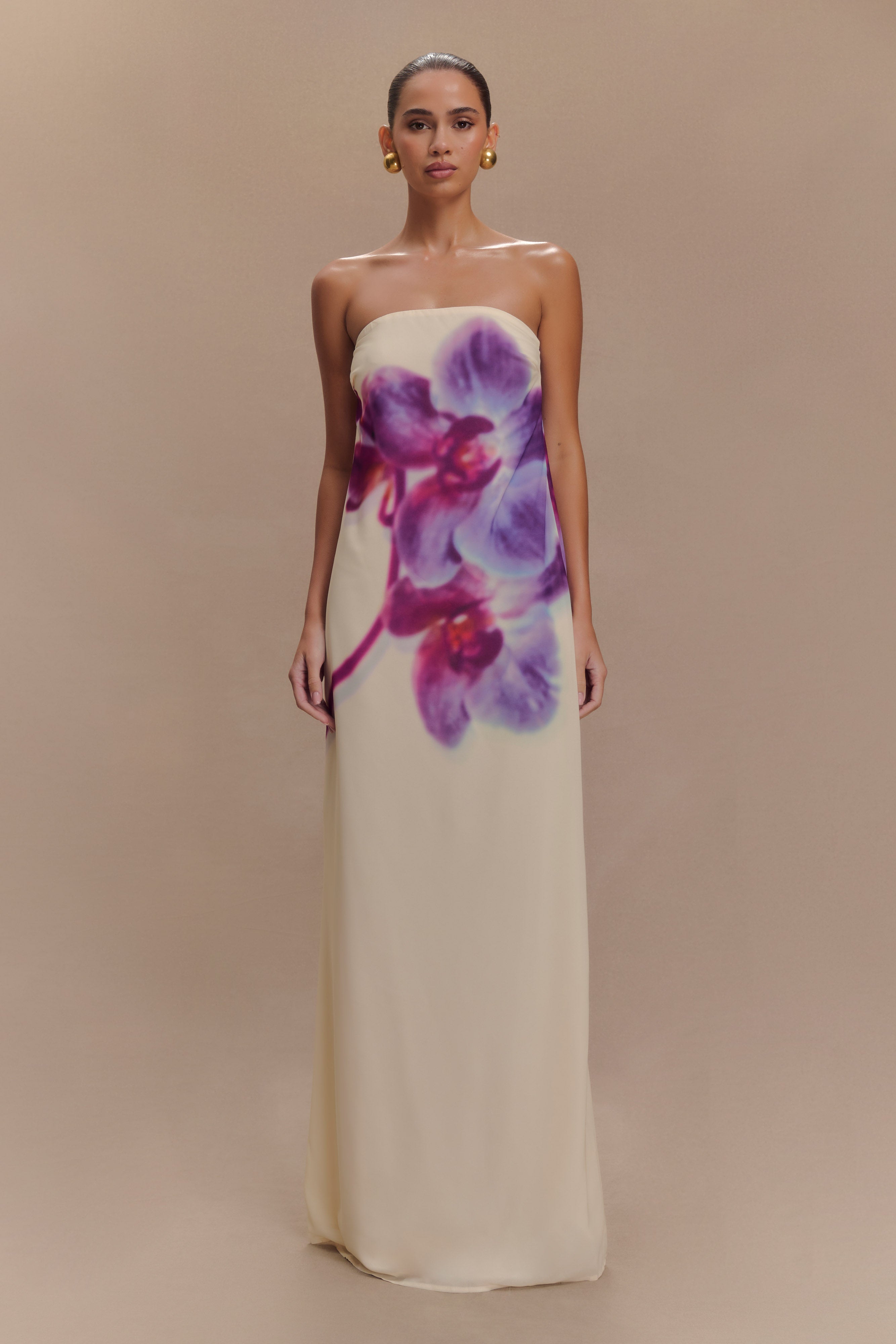 Amaya – Ivory and Koi Orchid Print Strapless Chiffon Maxi Dress