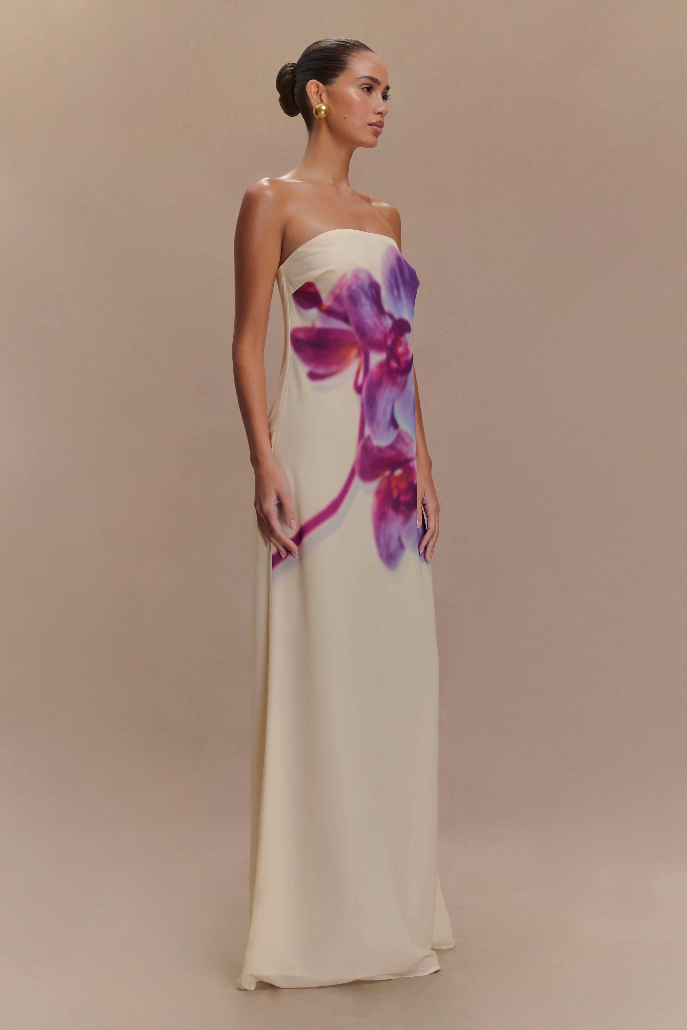 Amaya – Ivory and Koi Orchid Print Strapless Chiffon Maxi Dress