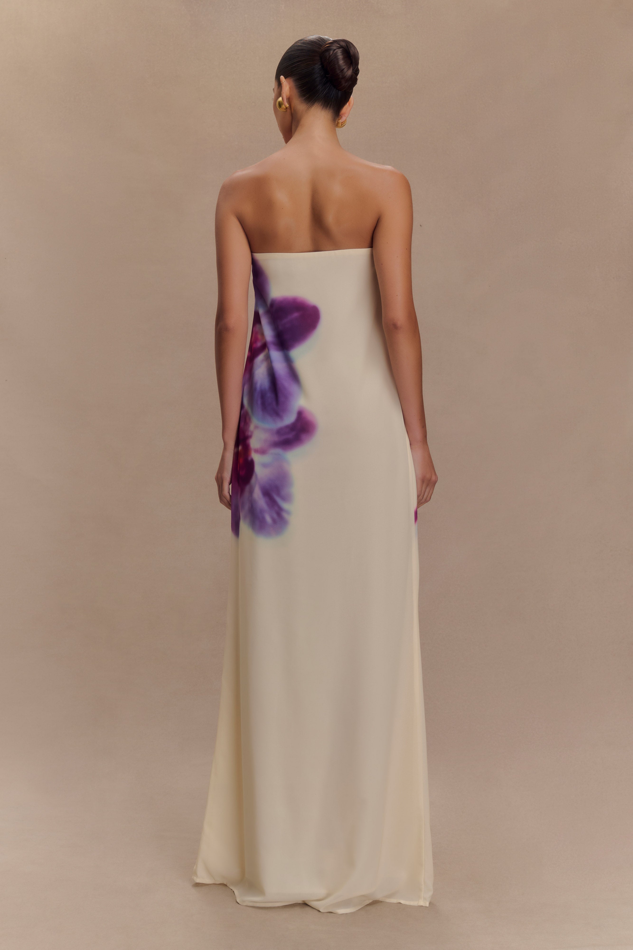 Amaya – Ivory and Koi Orchid Print Strapless Chiffon Maxi Dress