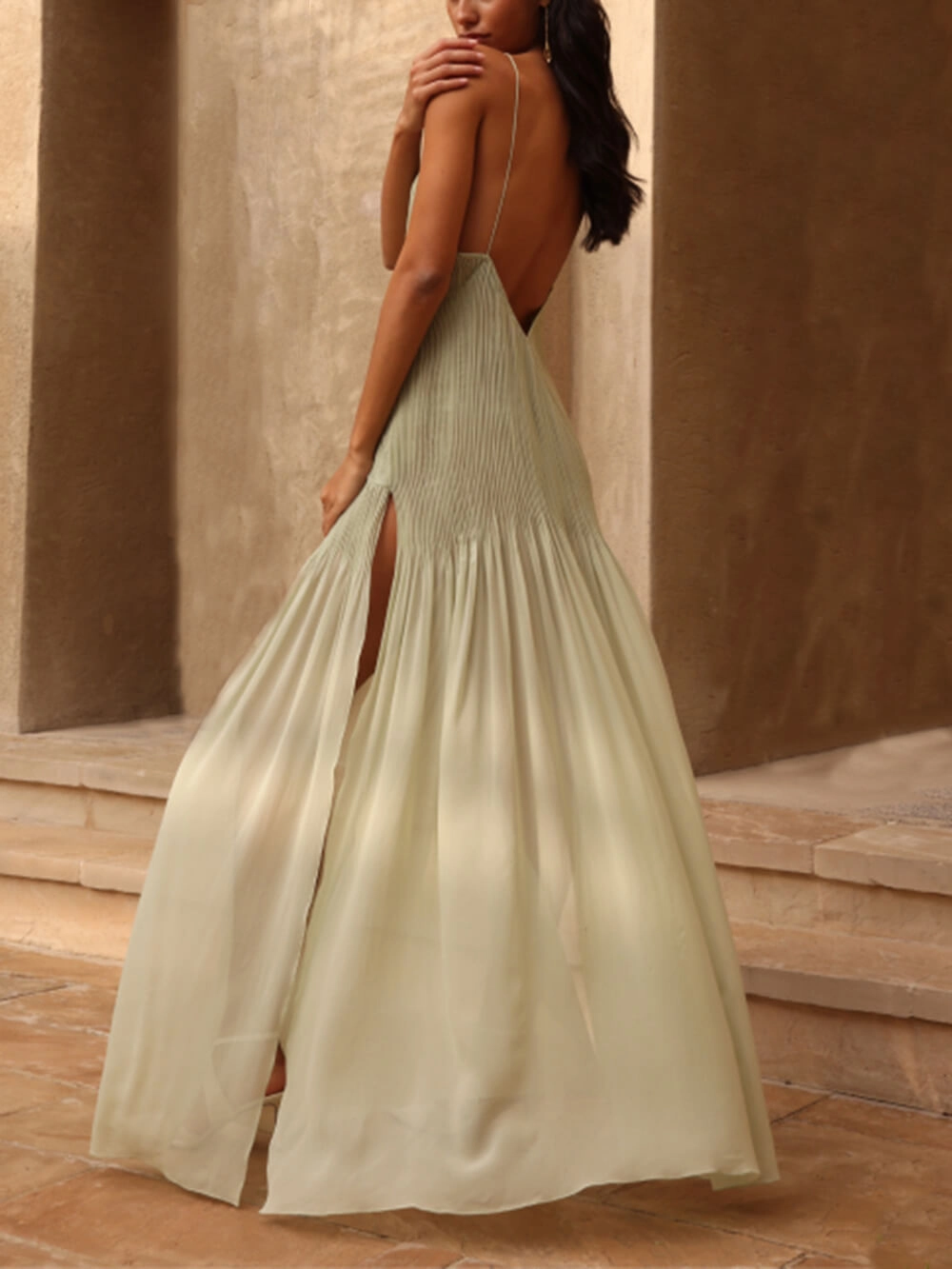 Juna - Long Pleated Patchwork Dress with Back Slit