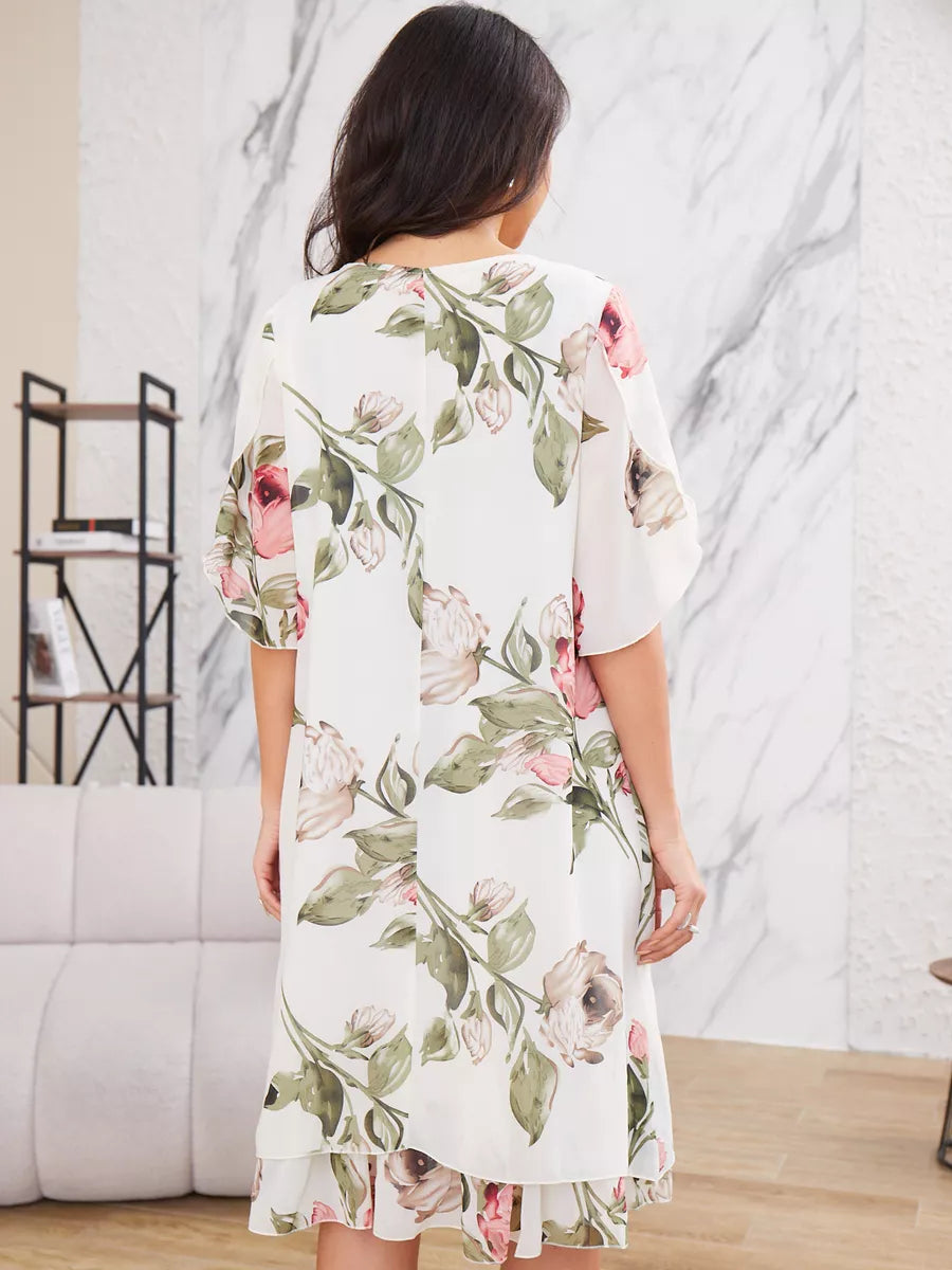 Michele – Elegant chiffon dress with three-quarter sleeves and print