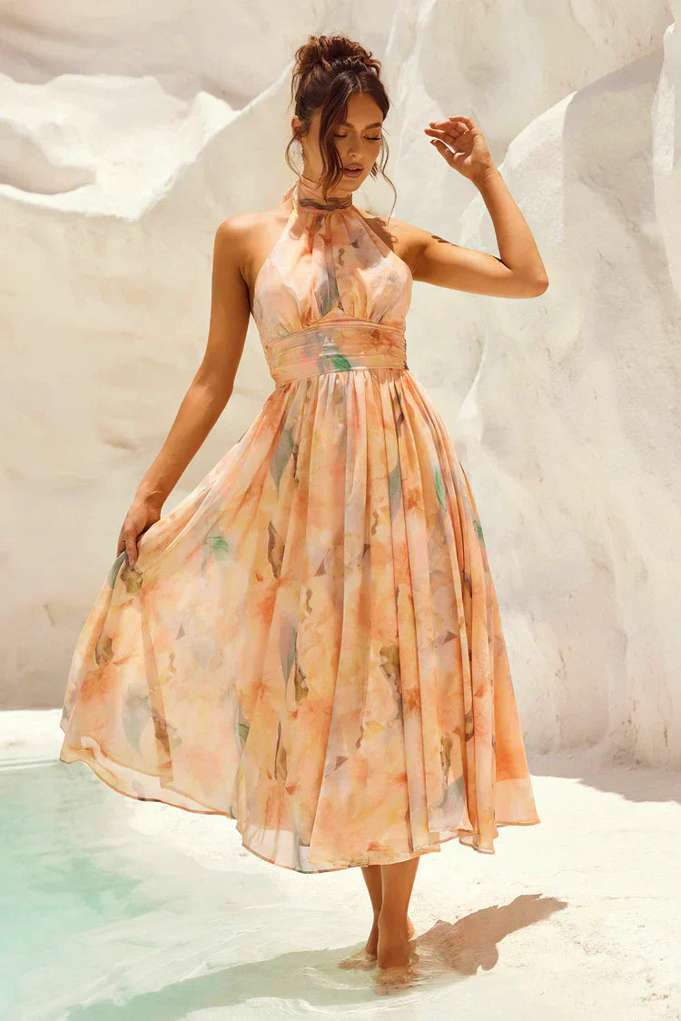 Livia - Backless Dress with Watercolor Print Halter Neck