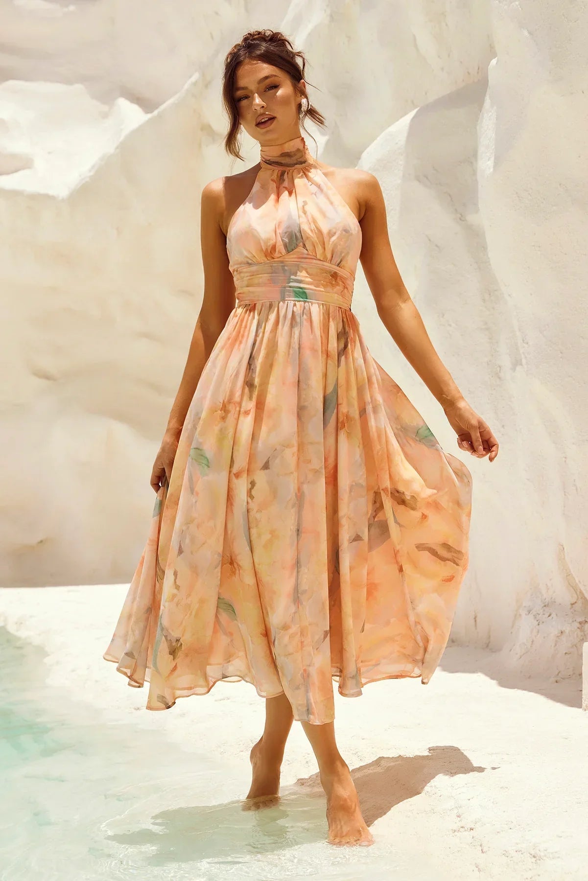 Livia - Backless Dress with Watercolor Print Halter Neck