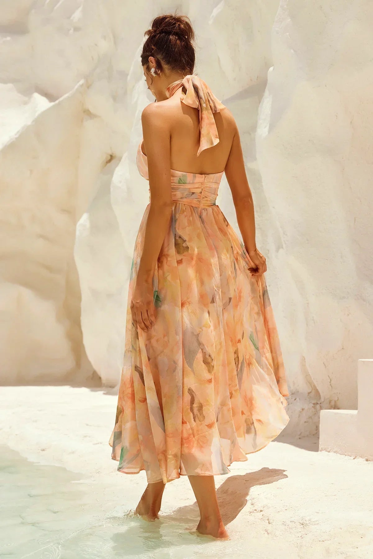 Livia - Backless Dress with Watercolor Print Halter Neck