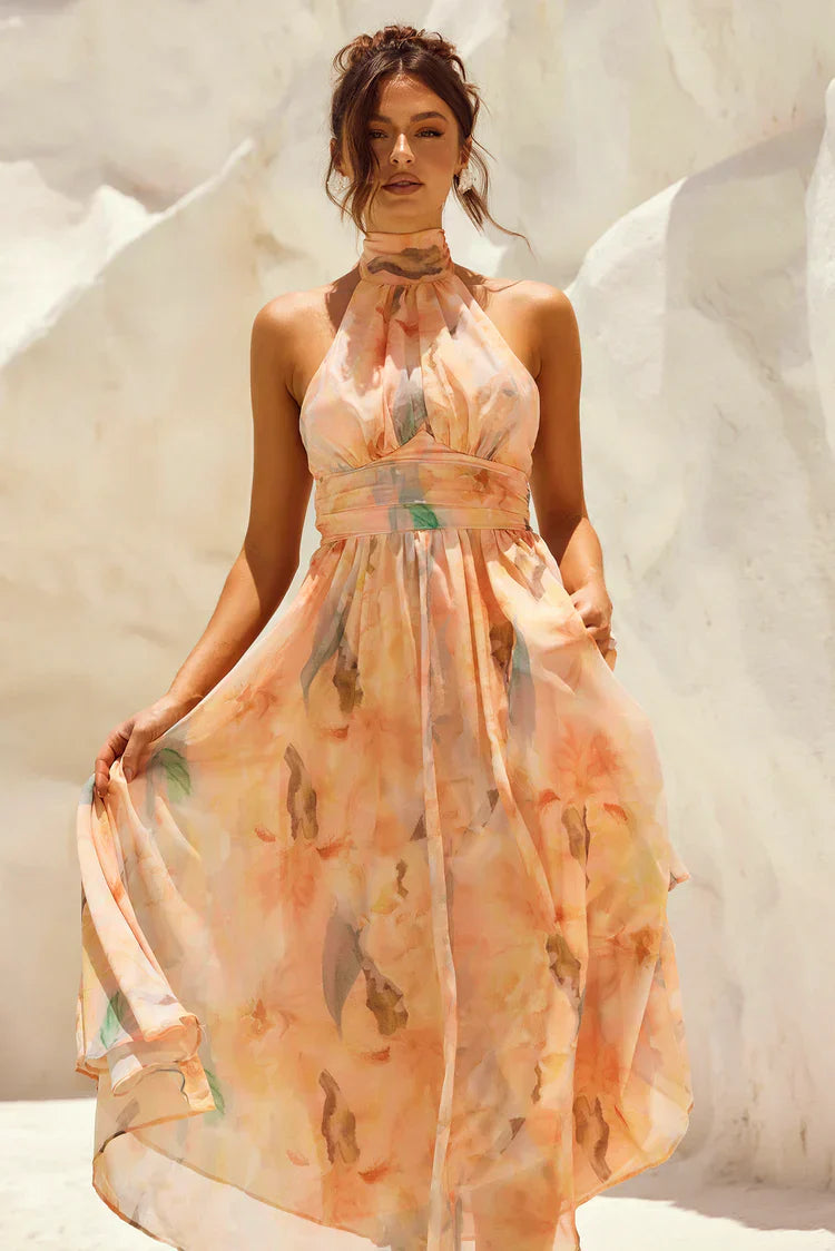 Livia - Backless Dress with Watercolor Print