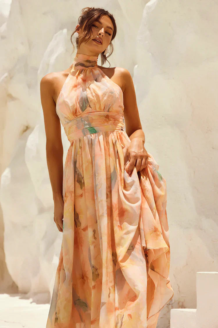 Livia - Backless Dress with Watercolor Print