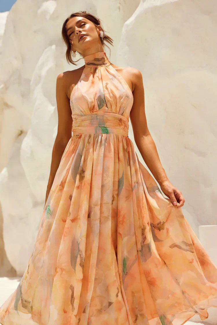 Livia - Backless Dress with Watercolor Print
