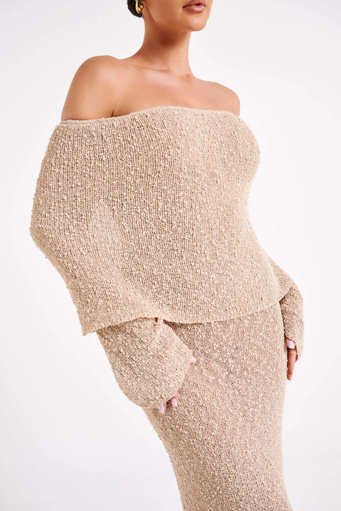 Marisol - Long Textured Dress with Off-Shoulder Design