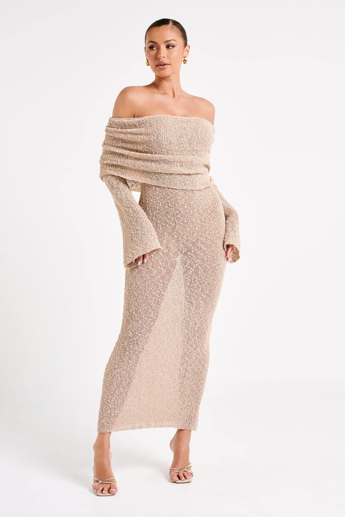 Marisol - Long Textured Dress with Off-Shoulder Design