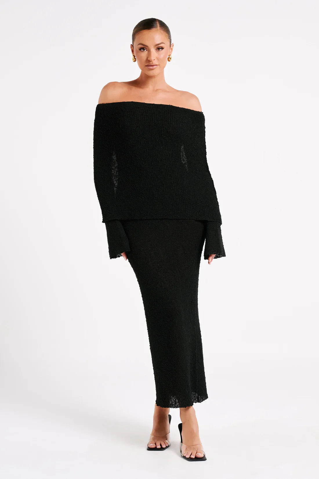 Marisol - Long Textured Dress with Off-Shoulder Design