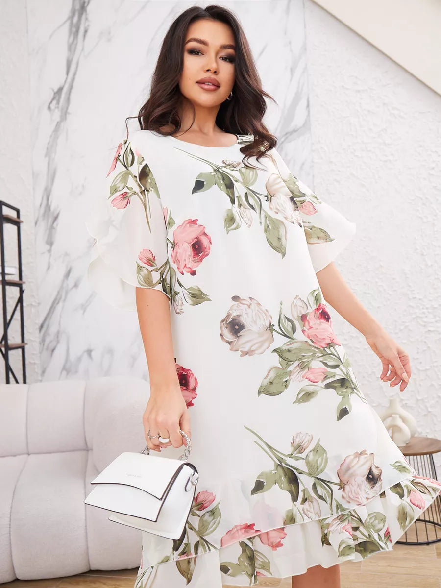 Michele – Elegant chiffon dress with three-quarter sleeves and print