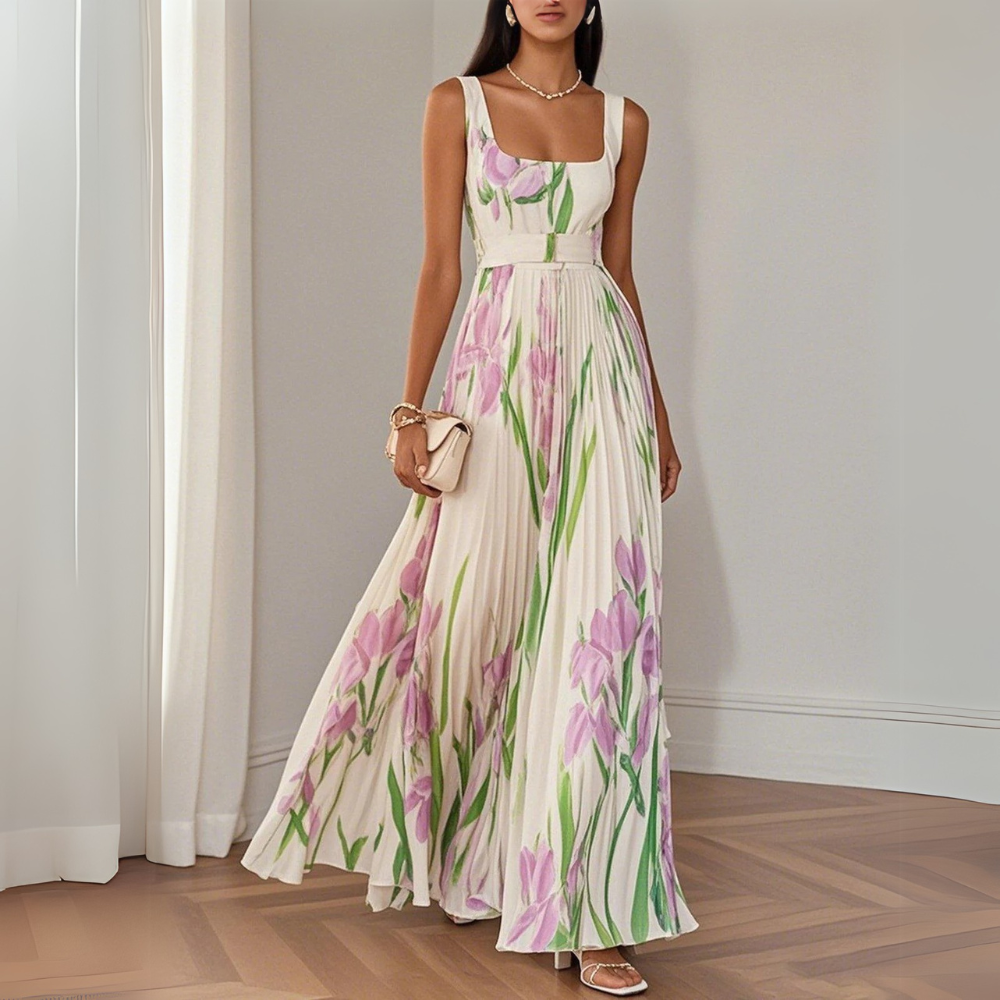 Nancy – Long Pleated Floral Dress with Refined Style for Women